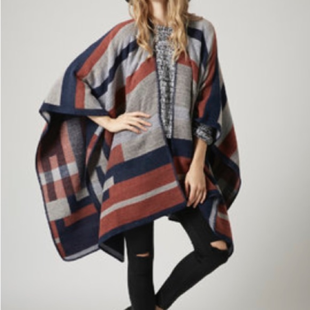 TOPSHOP GRAY NAVY BURNT ORANGE STRIPED COZY CAPE BLANKET ONE SIZE